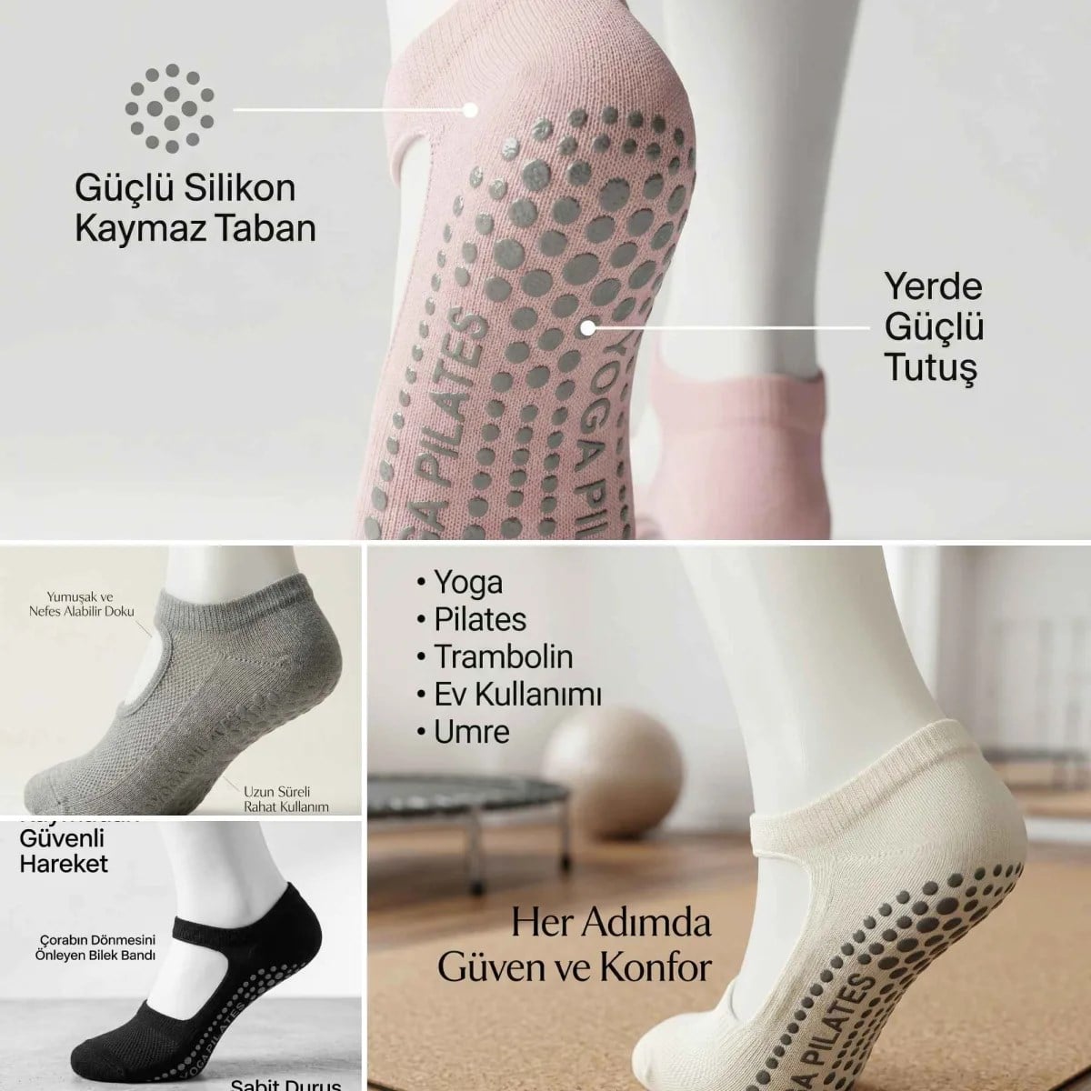 Kaymaz Taban Yoga ve Pilates Çorabı 8'li Kadın, Silikon Tabanlı Nefes Alabilir Bilek Bantlı Çorap, Ev Yoga Pilates Trambolin Umre İçin, 4 Renk