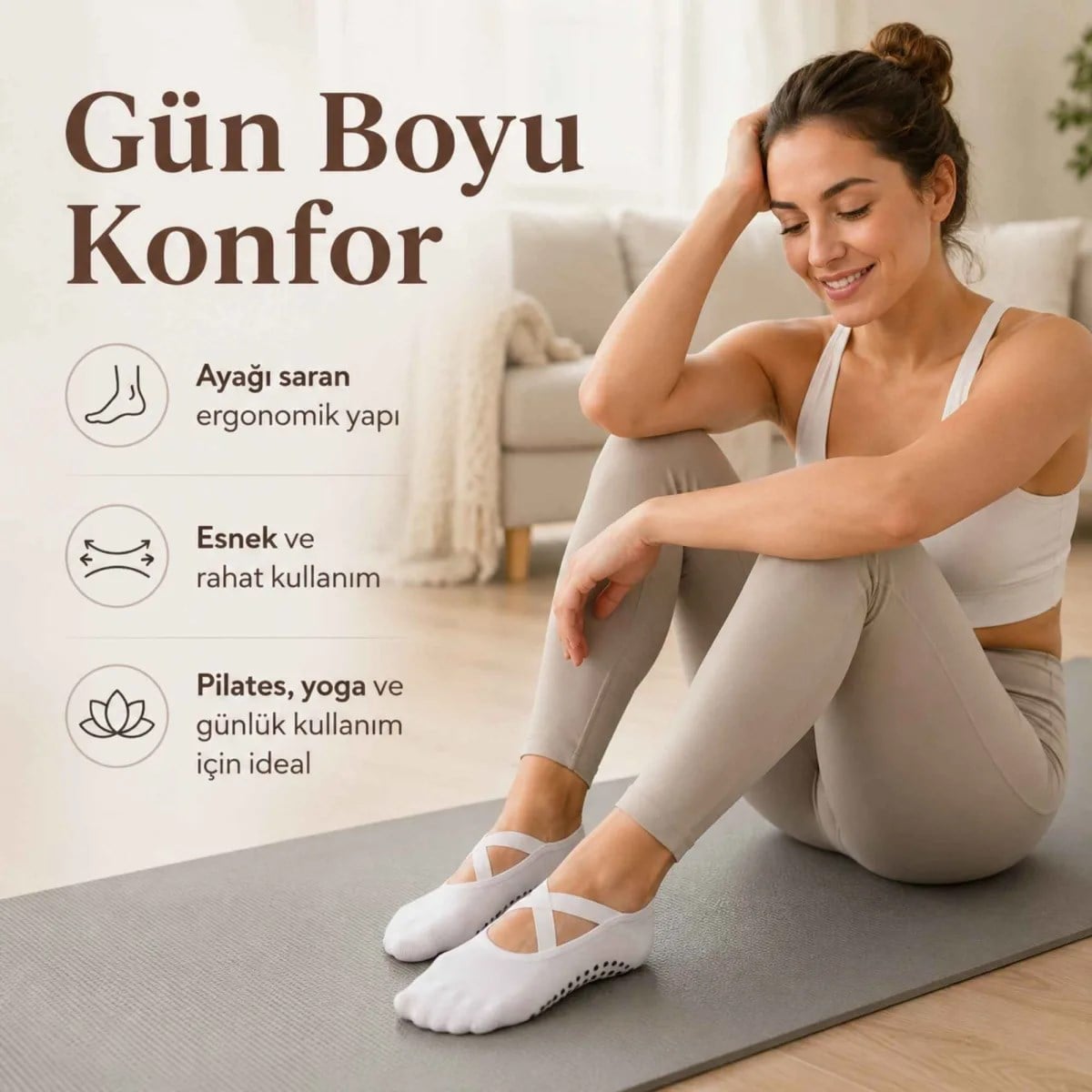Kaymaz Tabanlı 3'lü Kadın Balerin Tasarımlı Yoga Pilates Çorabı Çapraz Bantlı Spor Çorap Hac Umre Çorabı