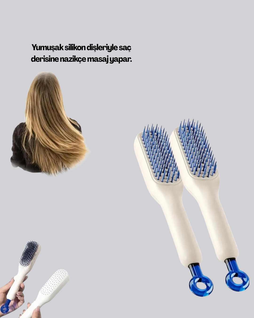 Kendini Temizleyen Ergonomik Saç Tarağı – ABS Gövde, Silikon Diş