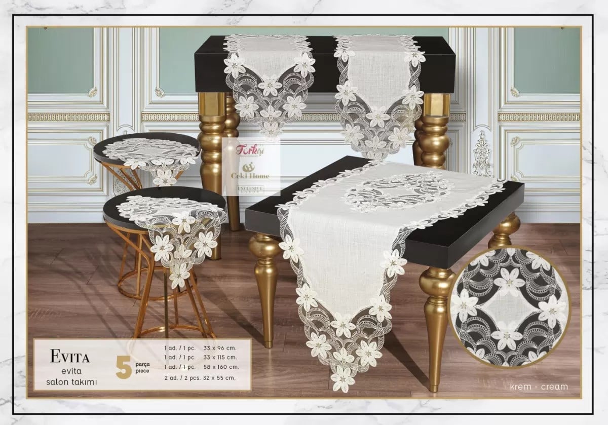 Keten Dantelli Evita Model Krem-Krem 5 Parça Runner Seti Salon Takımı