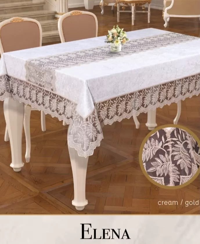 Keten İşlemeli Masa Örtüsü 160x220 cm Dantelli Yemek Masası Örtüsü Elena Model Krem-Gold