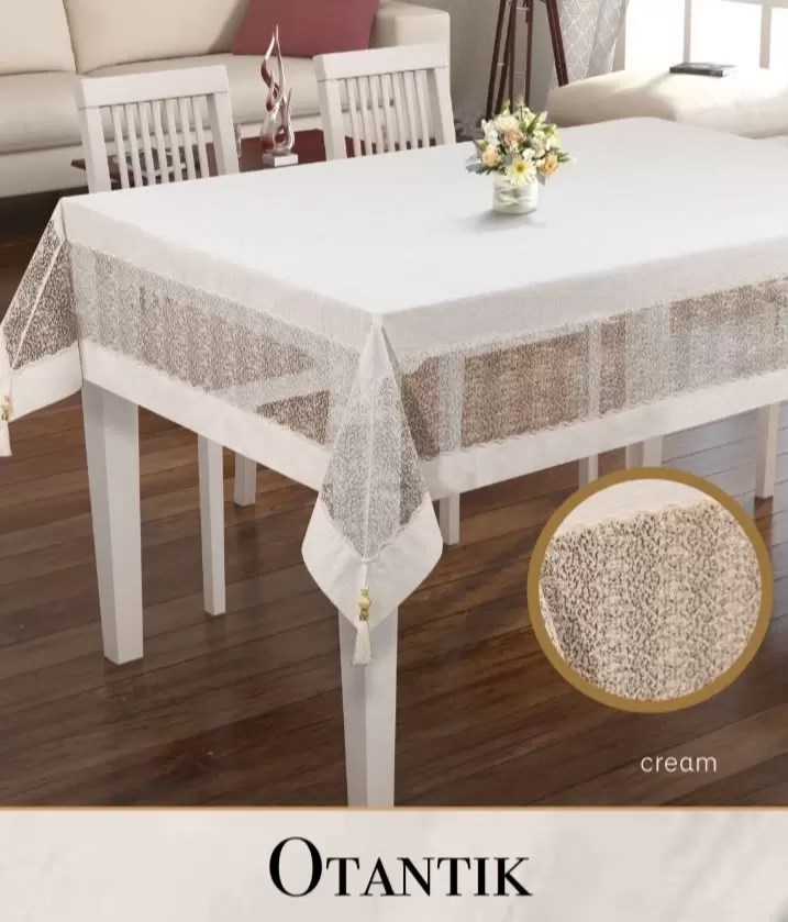 Keten İşlemeli Masa Örtüsü 160x220 cm Dantelli Yemek Masası Örtüsü Otantik Model Krem