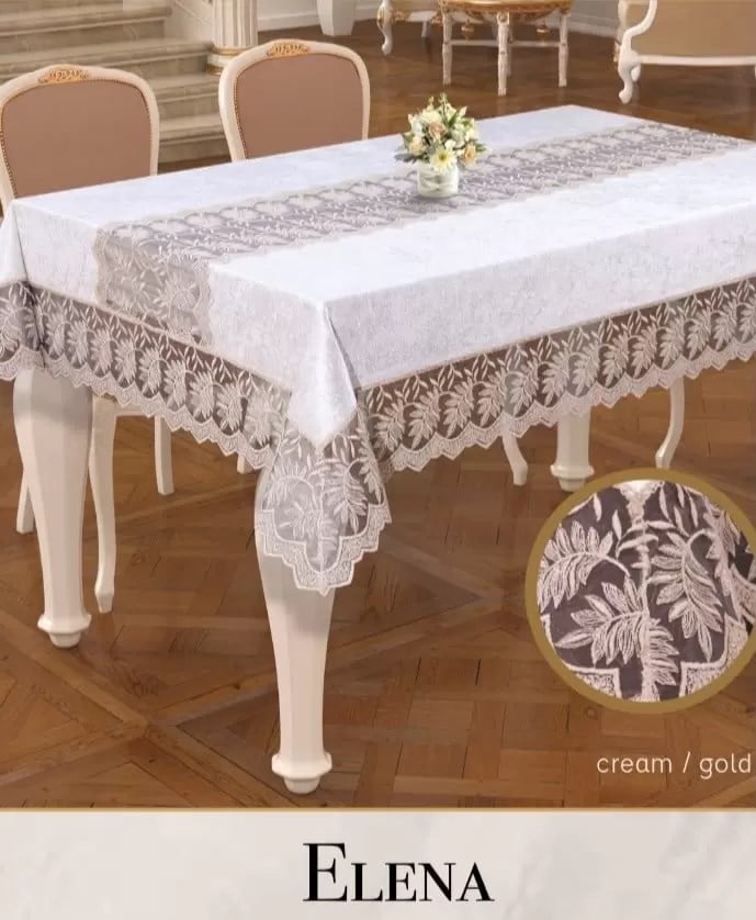 Keten İşlemeli Masa Örtüsü 160x260 cm Dantelli Yemek Masası Örtüsü Elena Model Krem-Gold