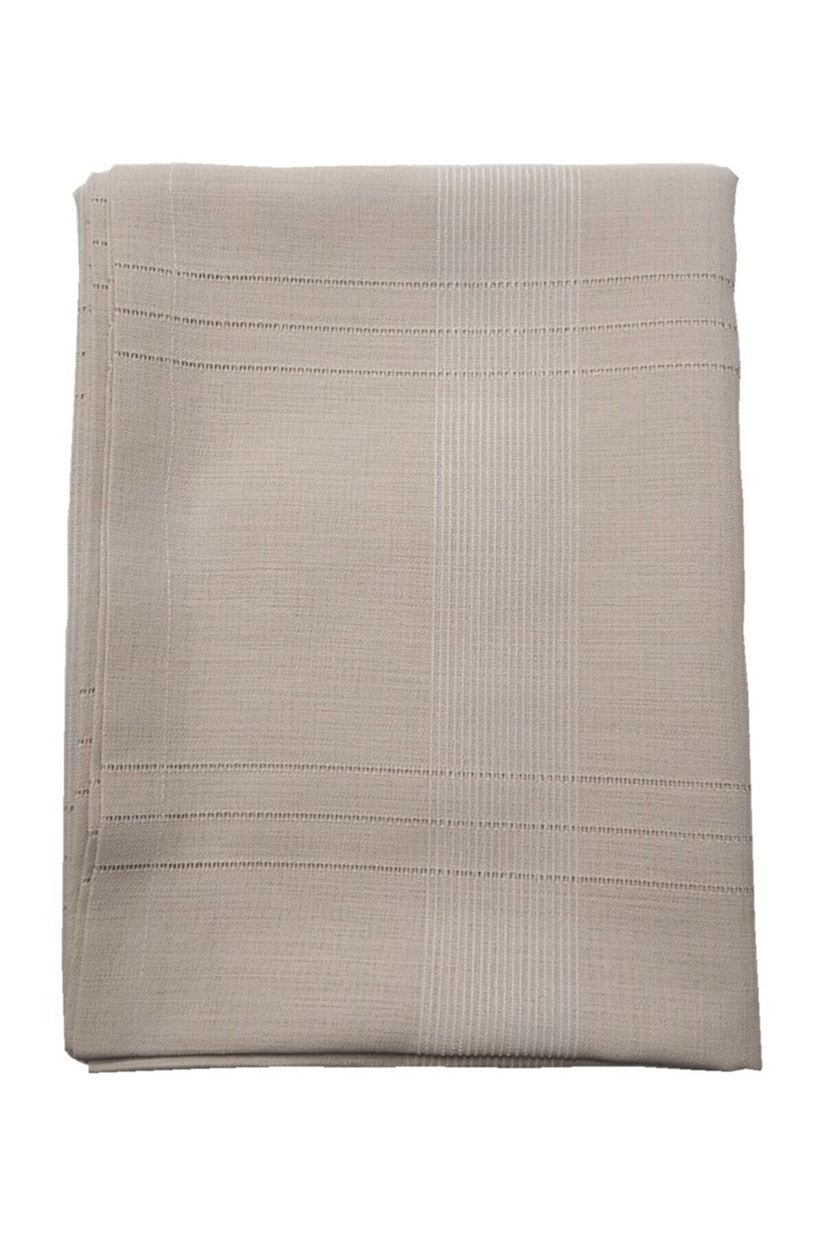 Keten Kumaş Çizgi Masa Örtüsü 160*220 Cm Sütlü Kahve