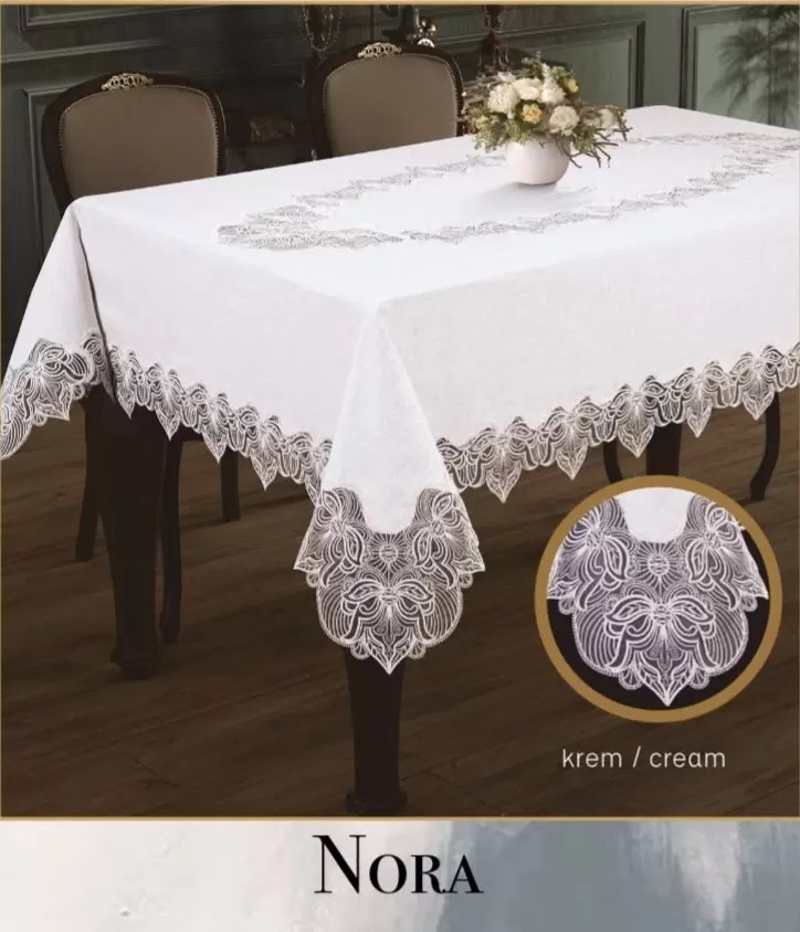 Keten Masa Örtüsü Tablecloth 155x220 cm Yemek Masası Örtüsü Nora Model Krem-Krem