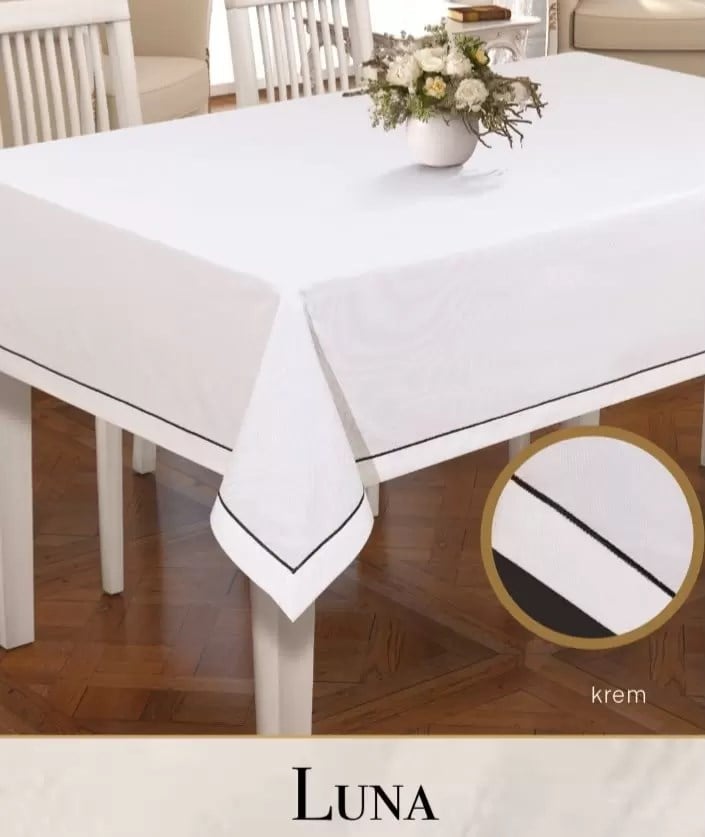 Keten Masa Örtüsü Tablecloth 160x260 cm Yemek Masası Örtüsü Luna Model Krem