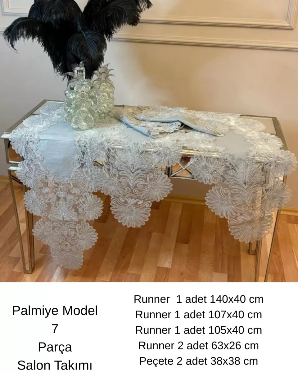 Keten Palmiye Model Gri 5 Parça Masa Örtüsü Runner Seti Salon Takımı