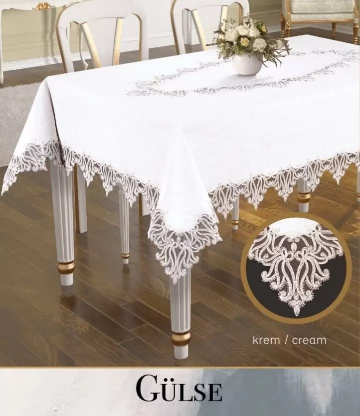 Keten Tek Masa Örtüsü Tablecloth 155x260 cm Dantelli Yemek Masası Örtüsü Gülse Model Krem