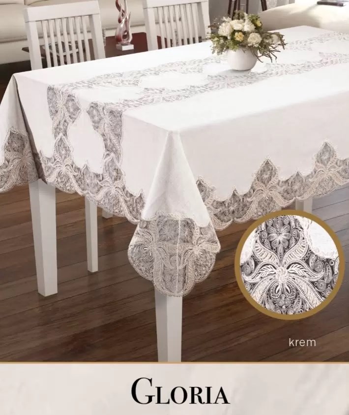 Keten Tek Masa Örtüsü Tablecloth 160x300 cm Dantelli Yemek Masası Örtüsü Gloria Model Krem