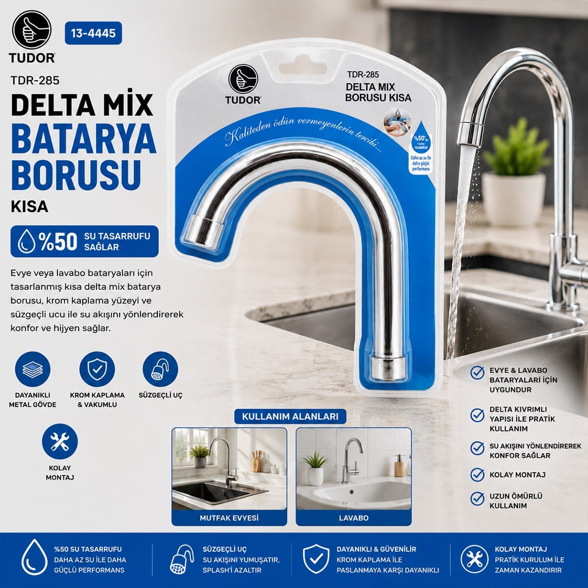 Kısa Evye-Lavabo Batarya Borusu (Krom, Süzgeçli Uç)