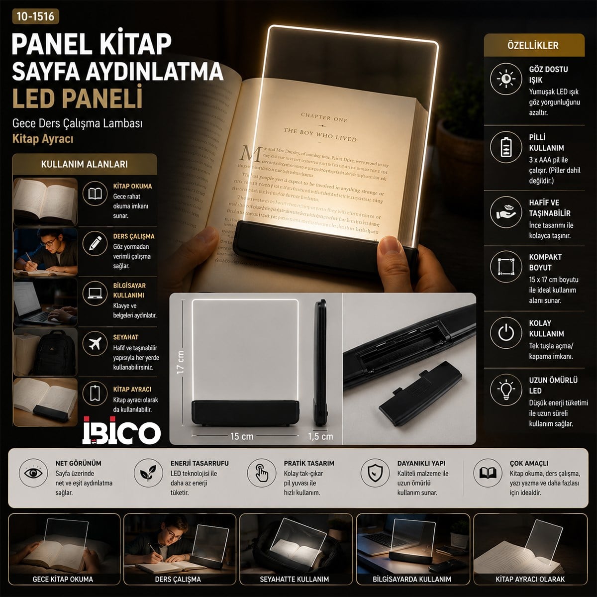 Kitap Okuma LED Paneli 15x17 cm (Pilli)