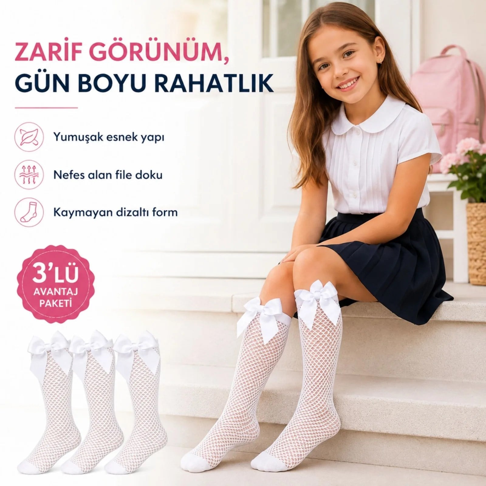 Kız Çocuk Beyaz File Dizaltı Çorap Fiyonklu 3'lü Paket Okul Tören Bayram Gösteri Çorabı