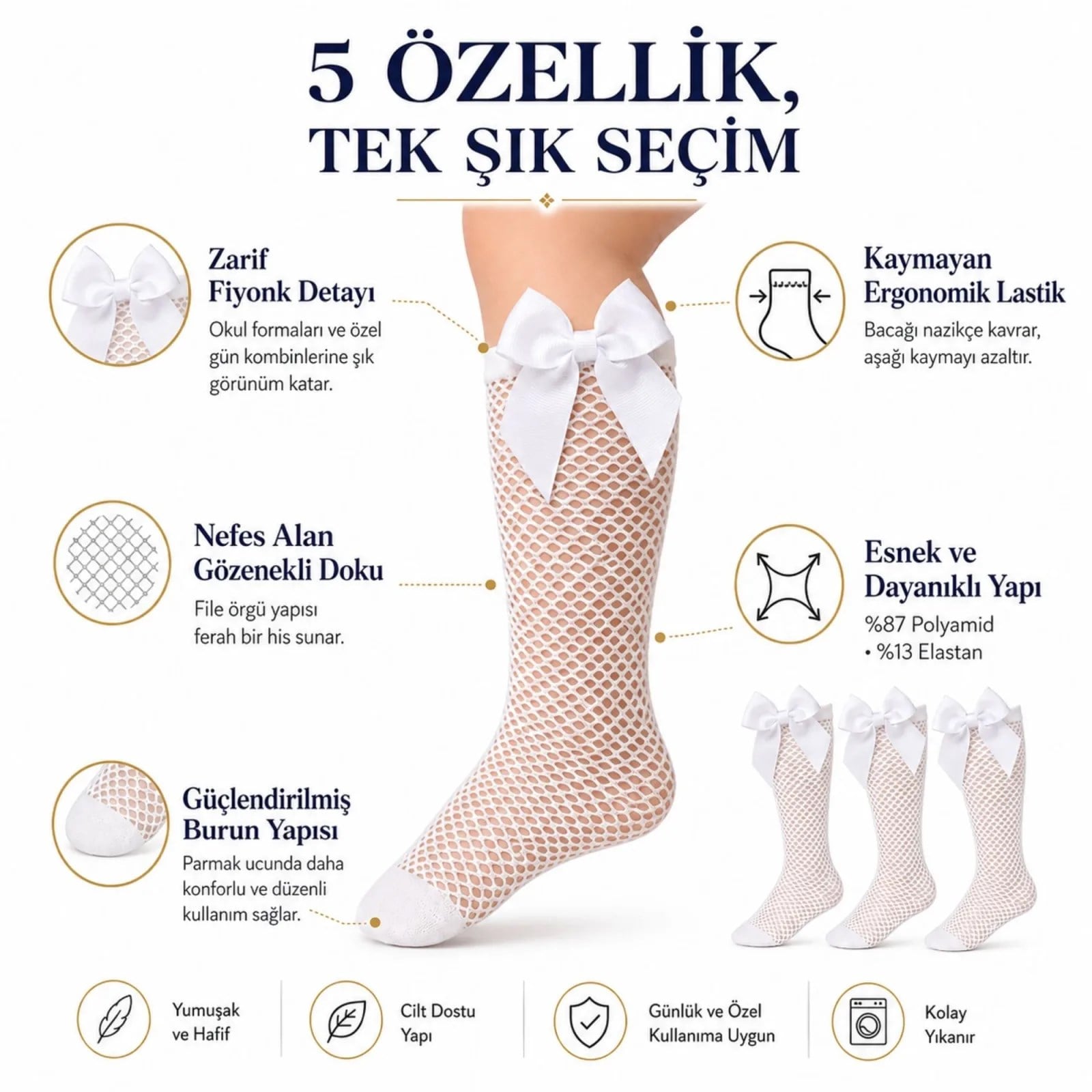 Kız Çocuk Beyaz File Dizaltı Çorap Fiyonklu 3'lü Paket Okul Tören Bayram Gösteri Çorabı