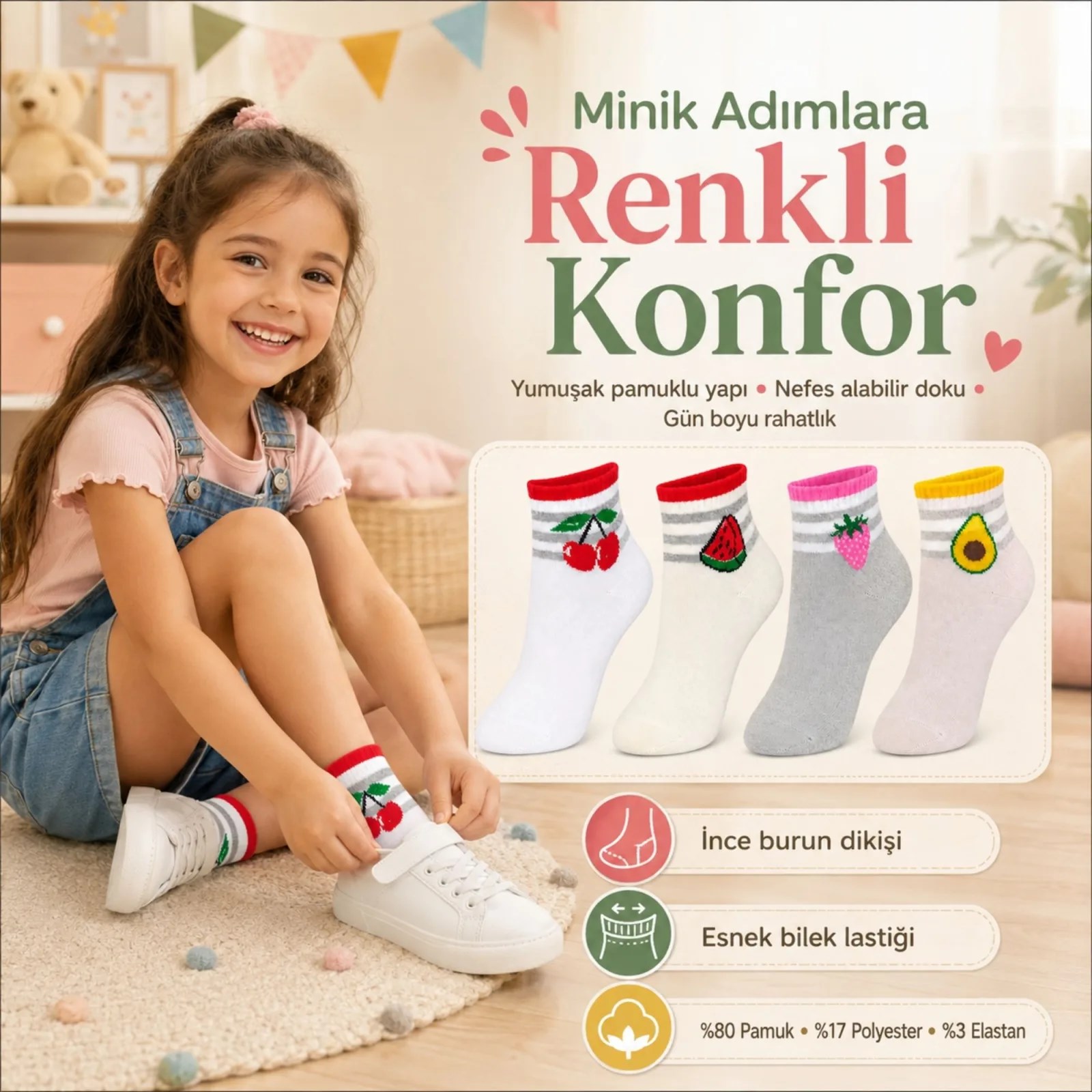 Kız Çocuk Pamuklu 8'li Meyve Desenli Çorap Kiraz Karpuz Çilek Avokado Günlük Bilek Çorabı