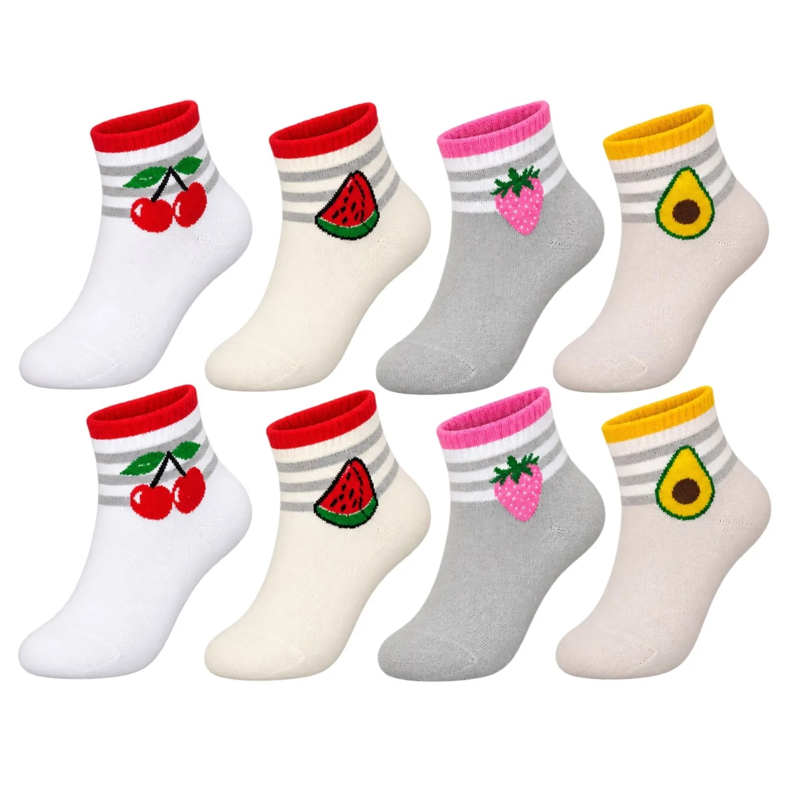 Kız Çocuk Pamuklu 8'li Meyve Desenli Çorap Kiraz Karpuz Çilek Avokado Günlük Bilek Çorabı