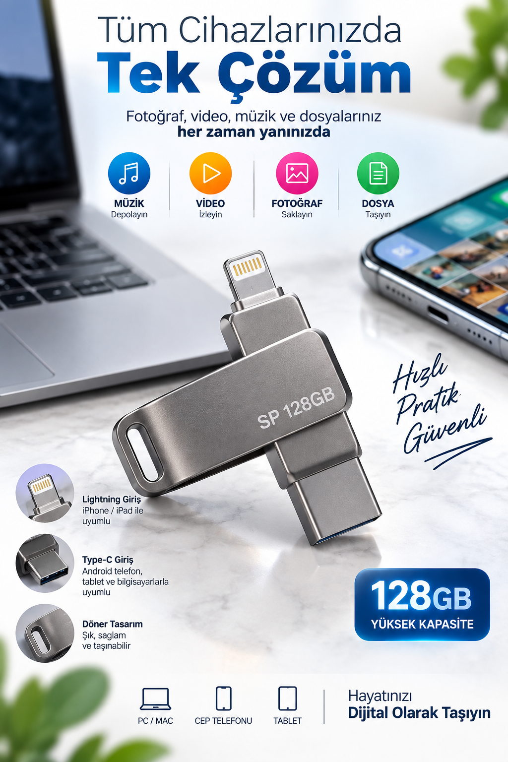 Kompakt Tasarımlı 128GB Çok Amaçlı USB Flash Bellek Lightning Type C Girişli Taşınabilir Depolama