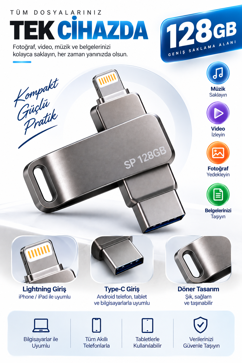 Kompakt Tasarımlı 128GB Çok Amaçlı USB Flash Bellek Lightning Type C Girişli Taşınabilir Depolama