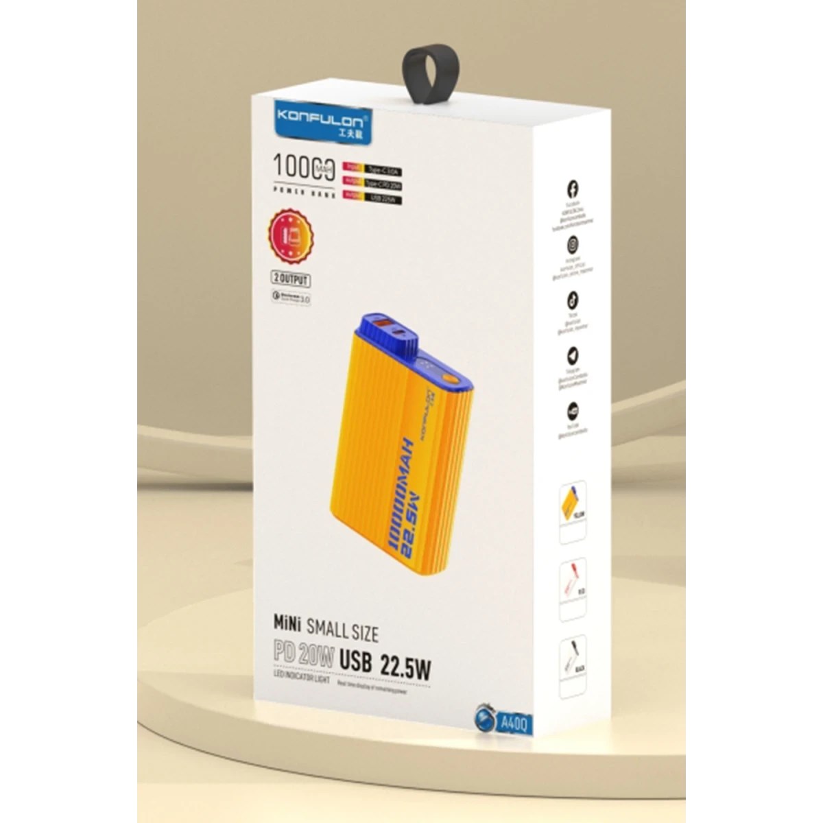 Konfulon A40Q 10.000 mAh PD 20W Mini Powerbank - Siyah-Beyaz