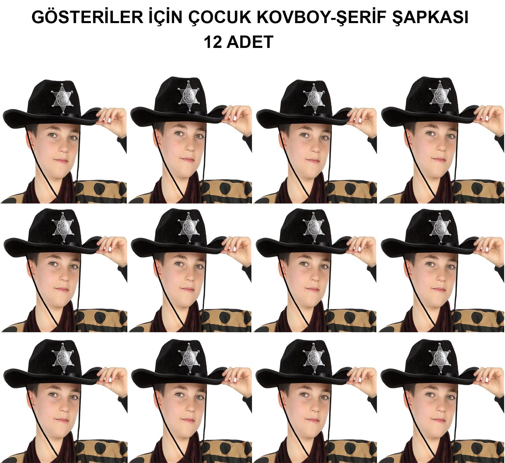 Kovboy Şerif Şapkası Siyah 12 Adet - Kostüm, Parti ve Gösteri Şapkası