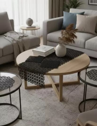 Krem Angles Model Dantel Masa Örtüsü Runner Seti 5 Parça Salon Takımı