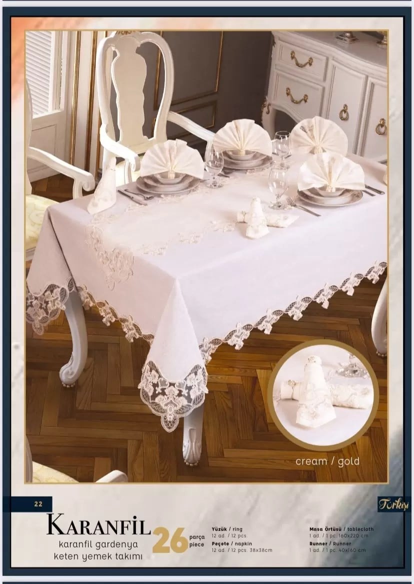 Krem-Gold Karanfil Gardenya Keten 26 Parça 12 Kişilik 160 × 220 cm Masa Seti