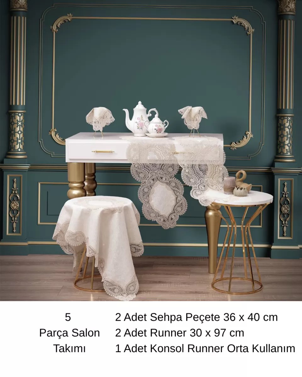 Krem-Kapiçino Bellisima Model 5 Parça Keten Dantelli Salon Takımı Runner Seti No 800