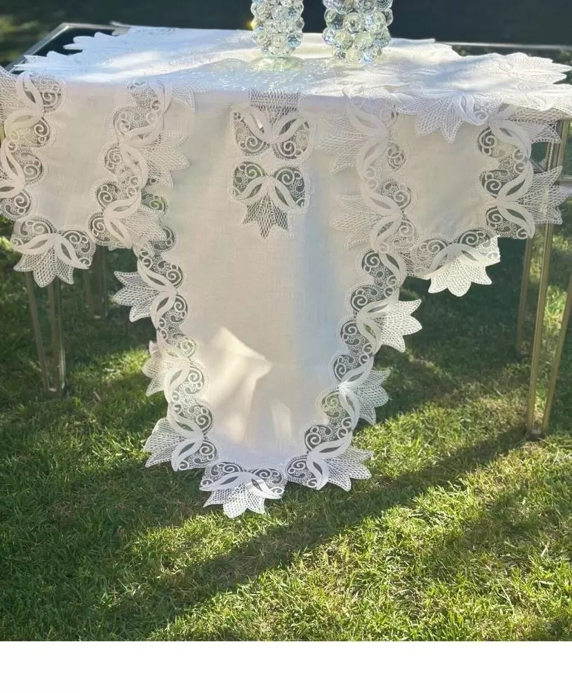 Krem-Krem Kayla Model 5 Parça Keten Masa Örtüsü Runner Seti Salon Takımı No 22252