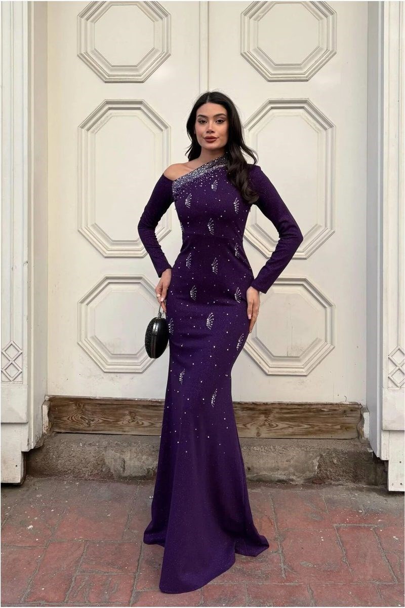 Krep Kumaş Omuz Abiye Tek Elbise