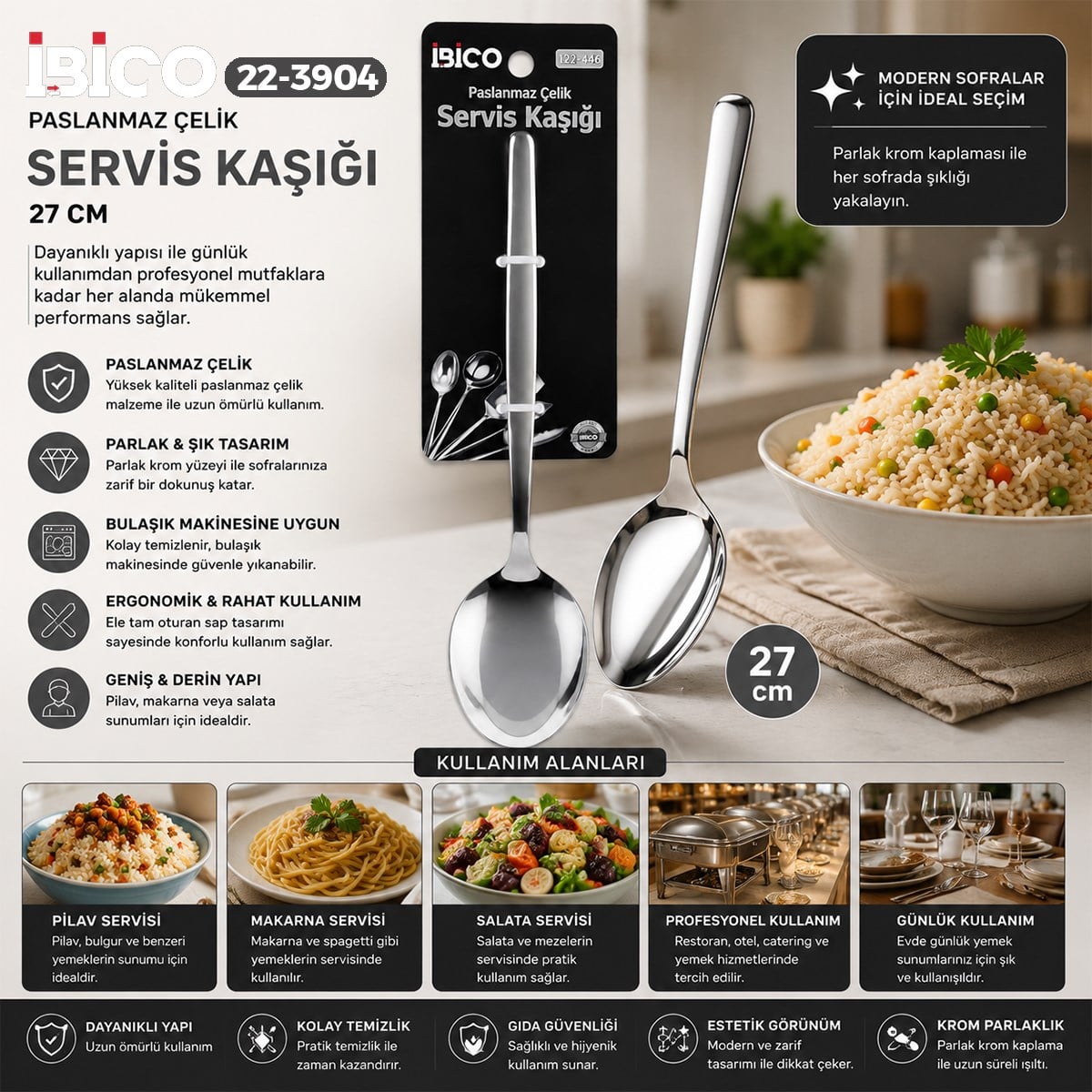 Krom Metal Servis Kaşığı 27 cm