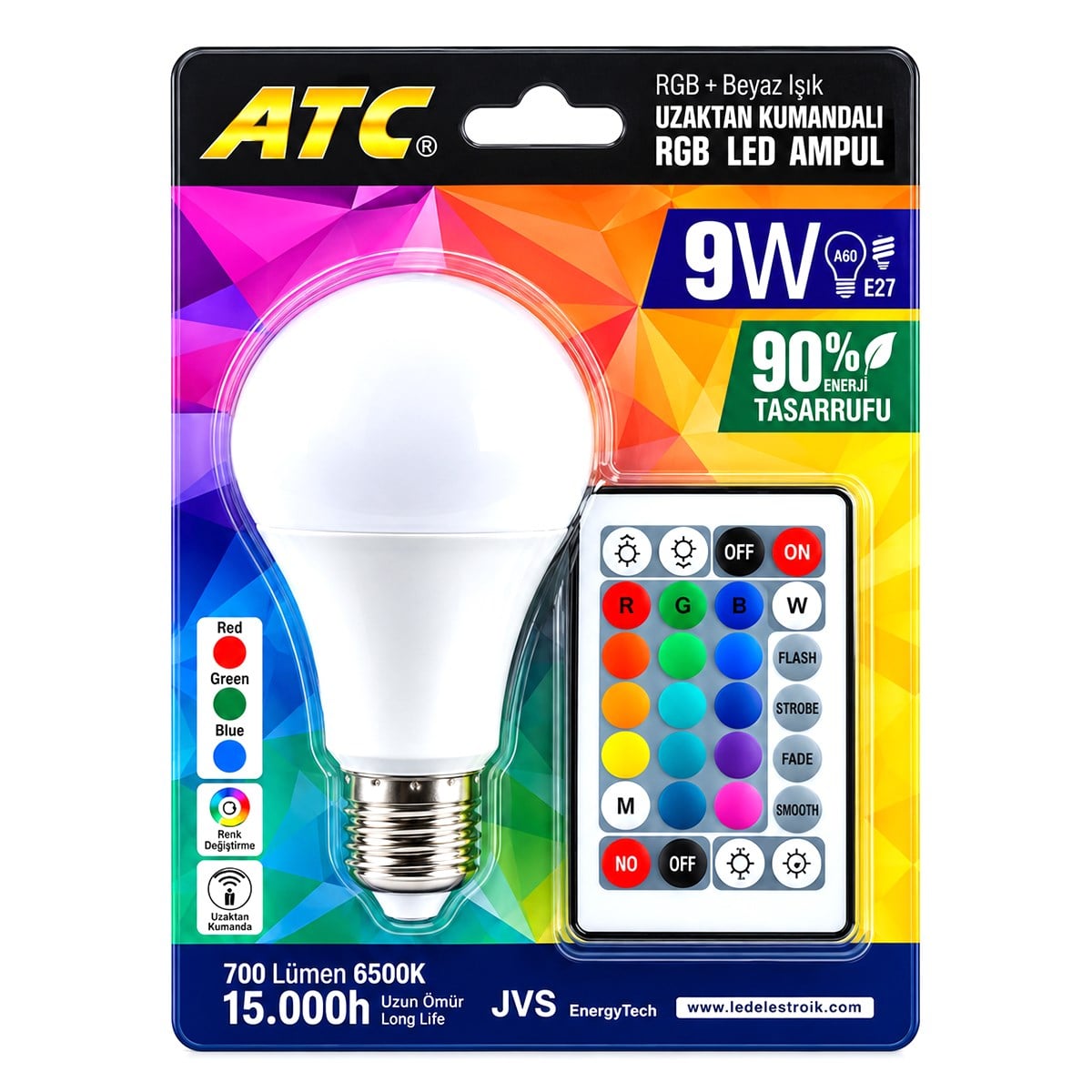 Kumandalı RGB E27 LED Ampul 9W - 700 lm, 15000 Saat