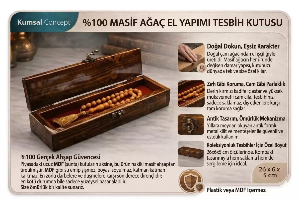 Kutusu Ahşap Tesbih Masif Cam El Yapımı 26x6x5 Cm Koleksiyon Kutusu
