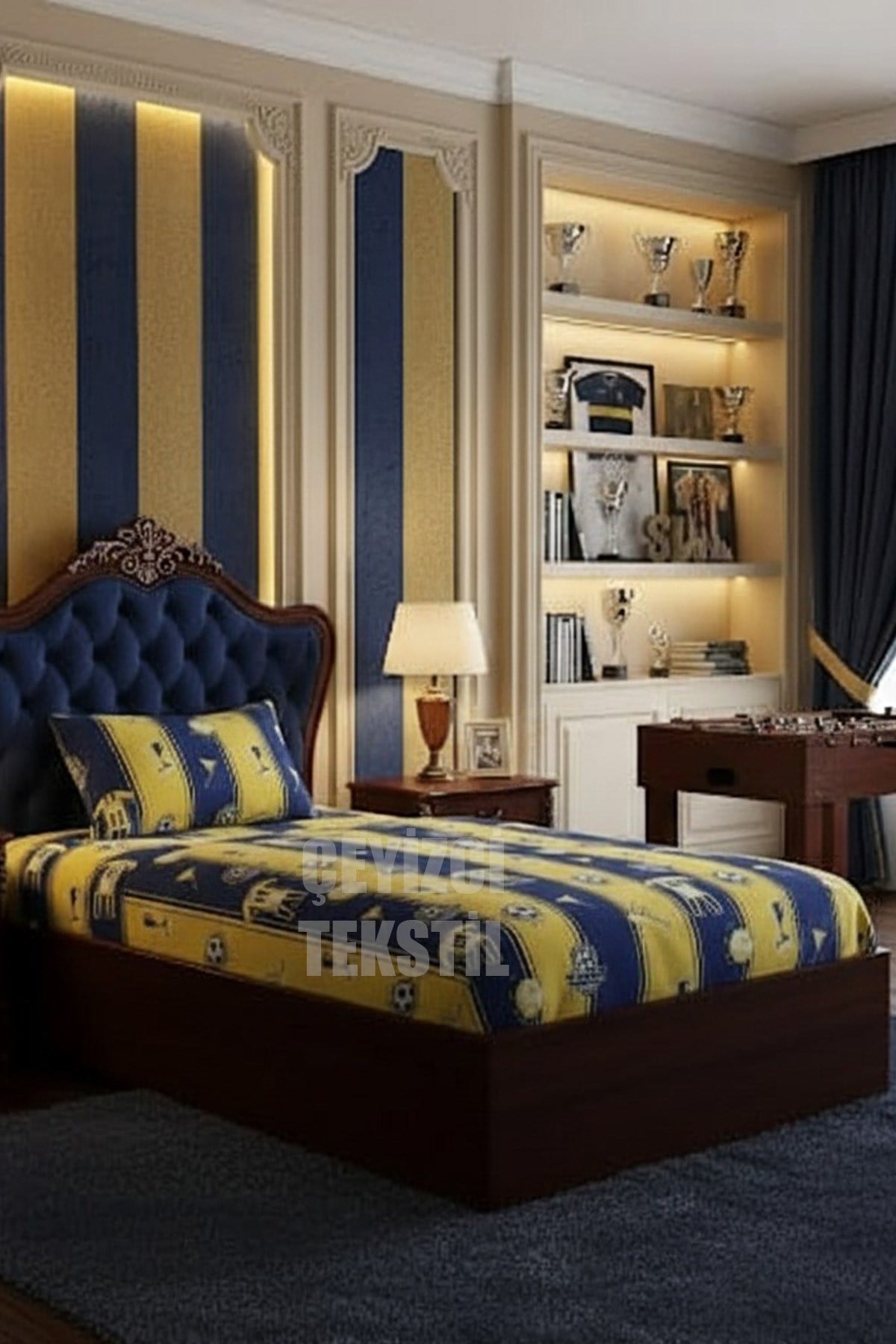 Lastikli Çarşaf ve 1 Yastık Kılıfı - SARI LACİVERT - TARAFTAR - TEK KİŞİLİK