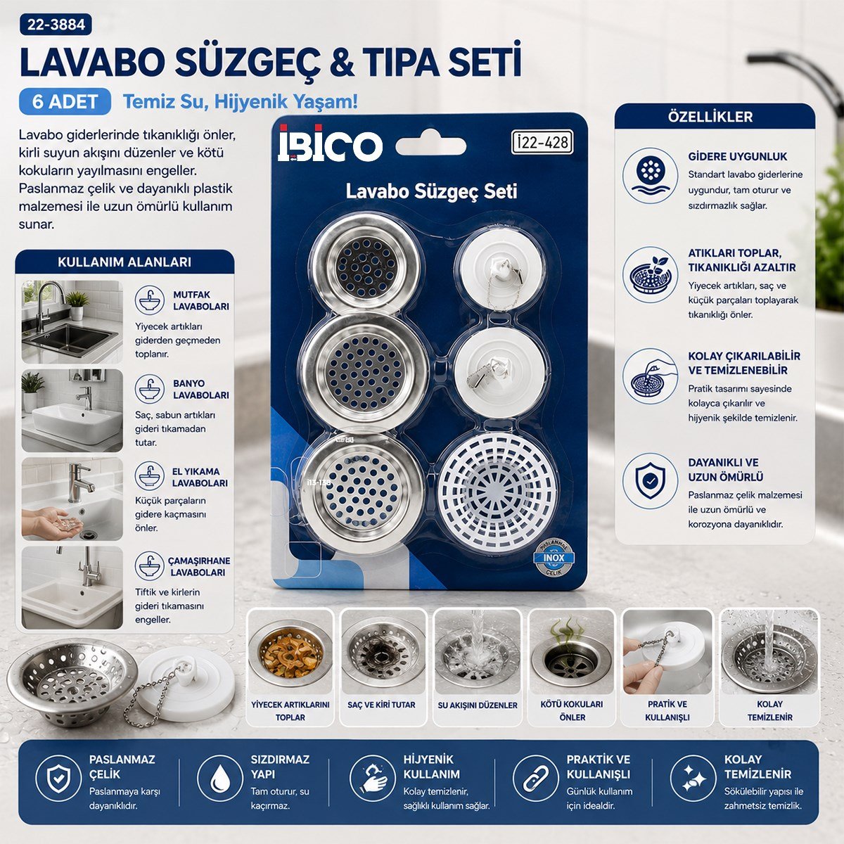 Lavabo süzgeç ve tapa seti