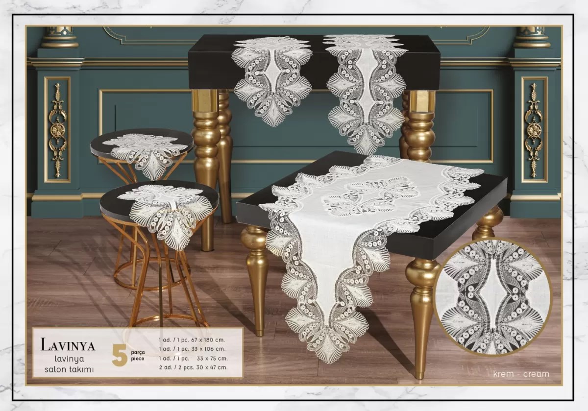 Lavinya Model Krem-Krem 5 Parça Keten Dantelli Salon Takımı Runner Seti No 2