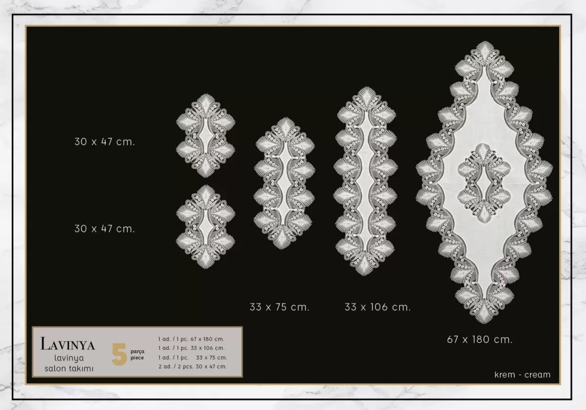 Lavinya Model Krem-Krem 5 Parça Keten Dantelli Salon Takımı Runner Seti No 2