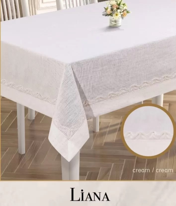 Liana Model Krem 160x220 cm Keten Dantel Masa Örtüsü Şık Yemek Masası Dekoratif