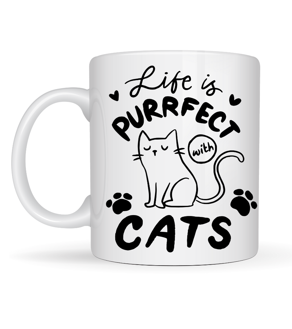 Life is Purrfect with Cats – Kedi Desenli Porselen Kupa MODEL 62 Sevimli Kedi Figürlü Kahve Kupası