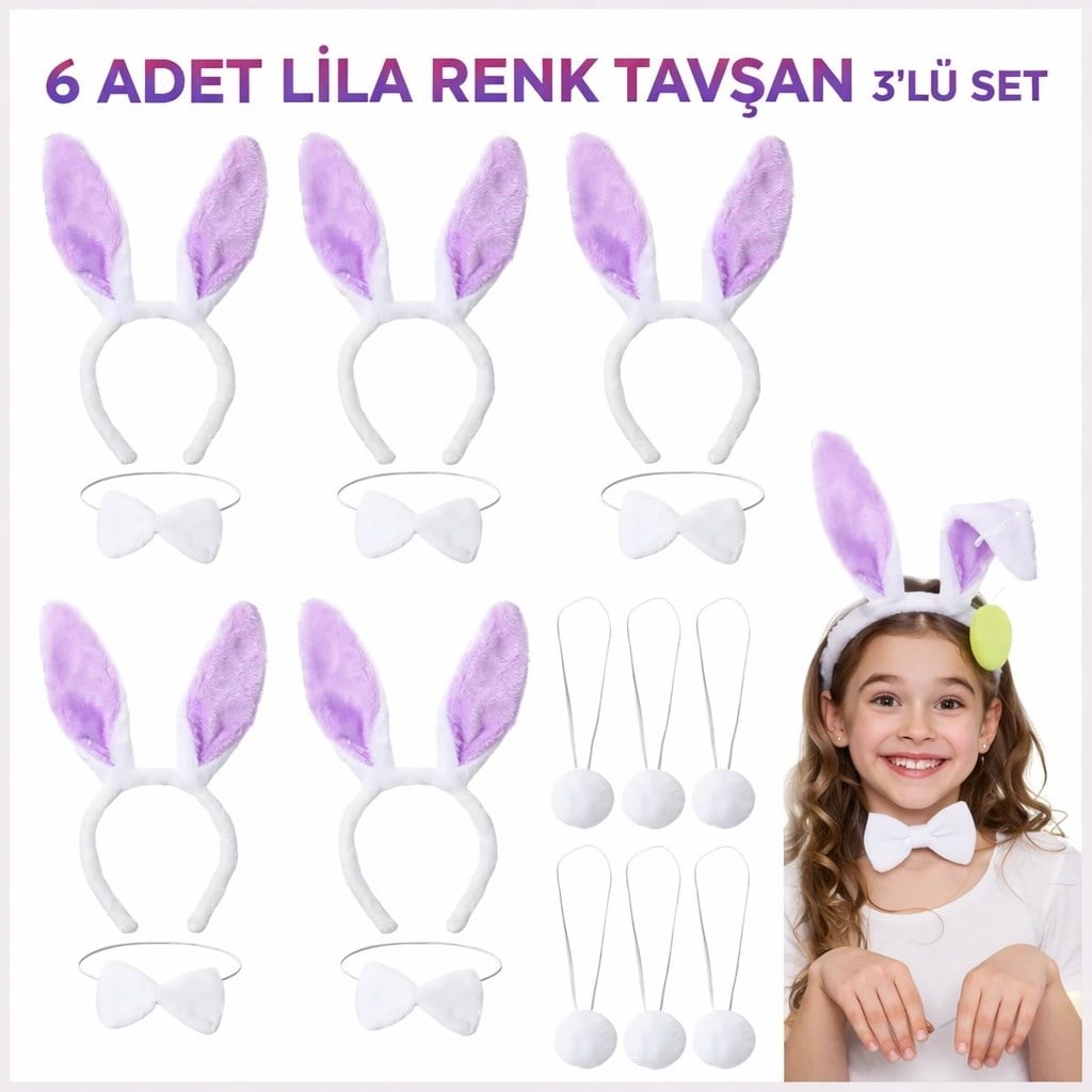Lila Tavşan Sahne Seti 6'lı Set Taç Papyon Kuyruk