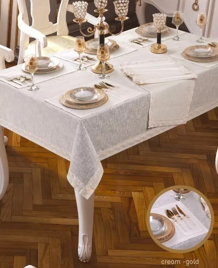 Linen Zara 26 Parça 12 Kişilik Yemek Takımı Masa Seti155 × 220 cm Runner Krem Şık Ev Tekstili