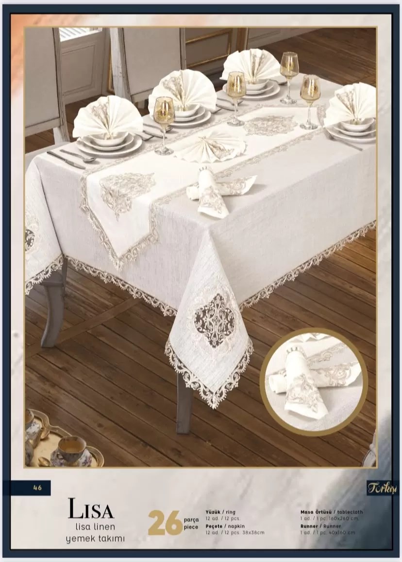 Lisa Linen Krem 26 Parça 12 Kişilik Premium 160 × 260 cm Masa Seti