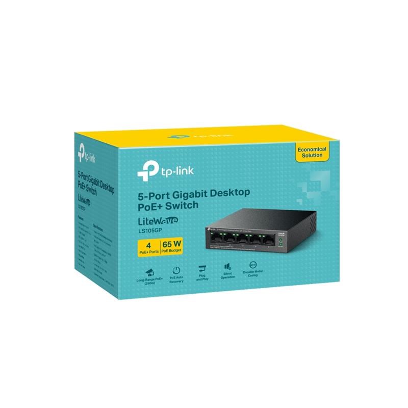 LS105GP 4 PORT GIGABIT + 1 PORT RJ45 UPLINK POE 65W 250 METRE POE MESAFE METAL KASA SWITCH