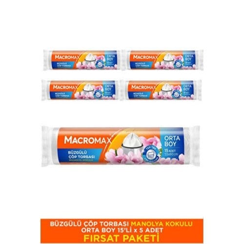 (MACROMAX ORTA BÜZGÜLÜ ÇÖP POŞETİ MANOLYA KOKULU 15 Lİ (5 Adet)