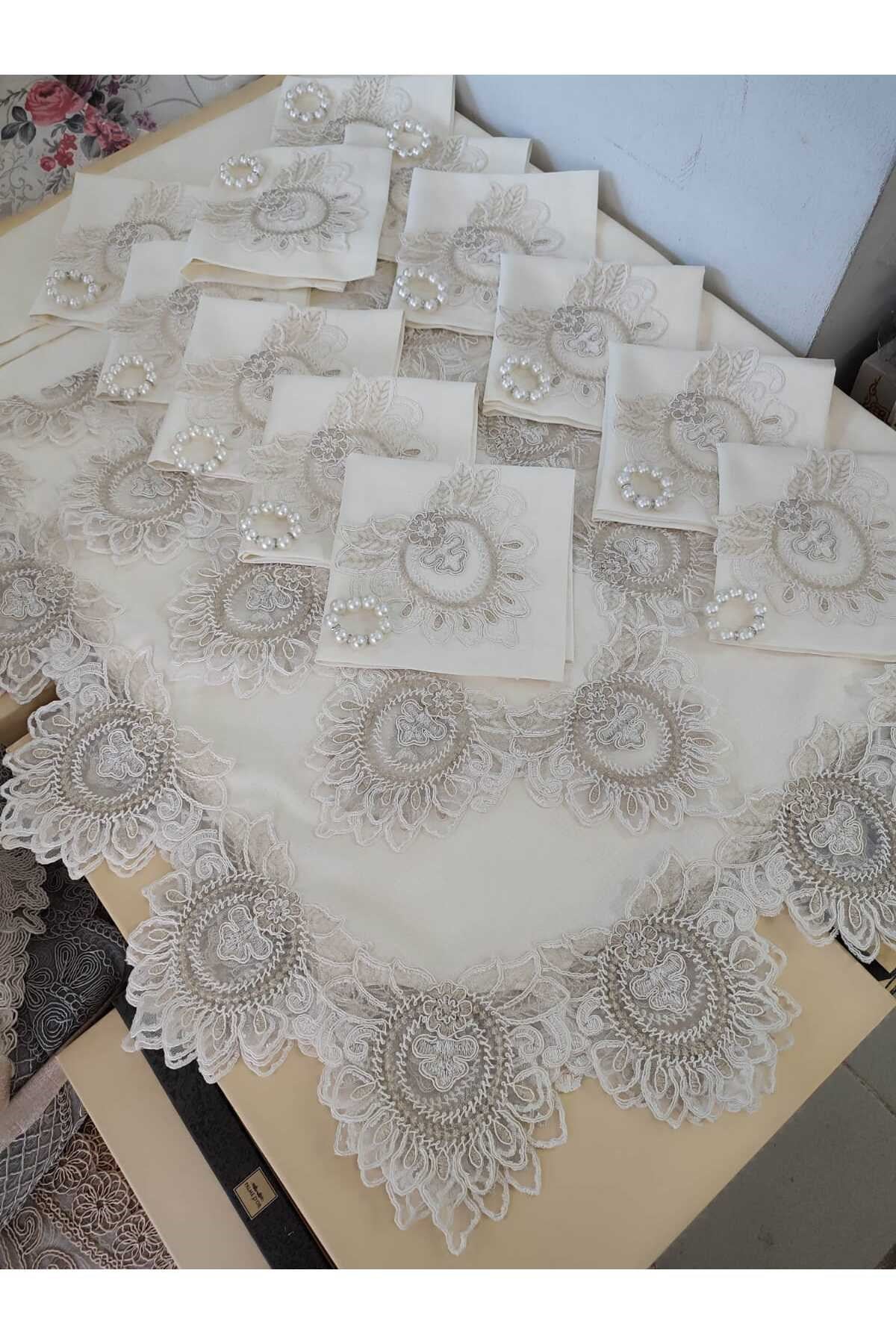 Masa Örtüsü Takımı 26 Parça Lüks 12 Kişilik Masa Örtüsü Seti Krem