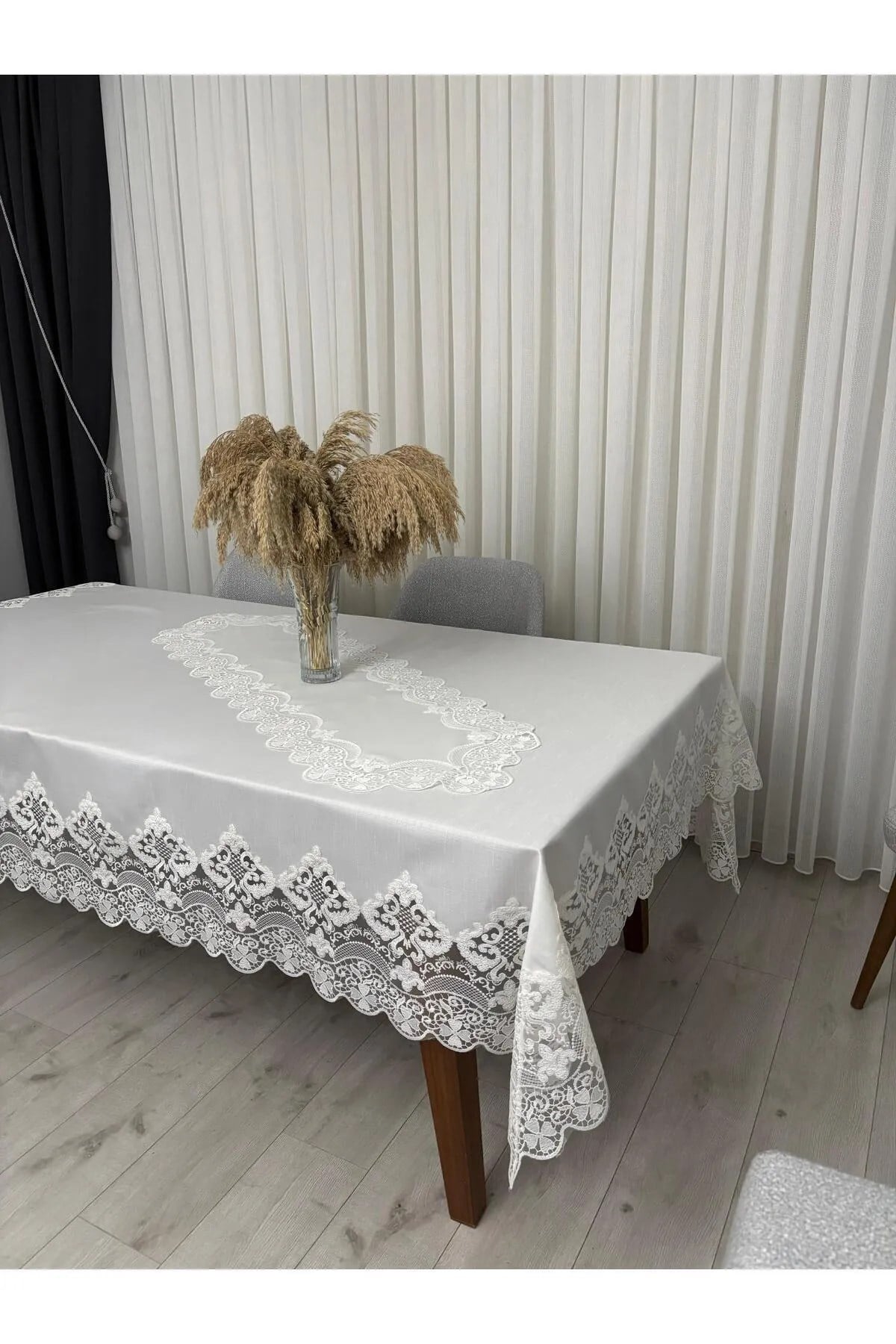 Masa Örtüsü Yemek Takımı 12 Kişilik 26 Parça Fransız Dantelli - Ekru1