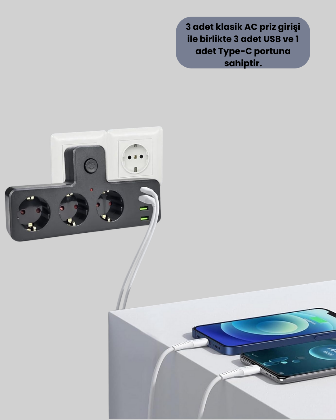 Masa Üstü Çoklu Priz USB ve Type-C Çıkışlı Güç Dağıtıcı