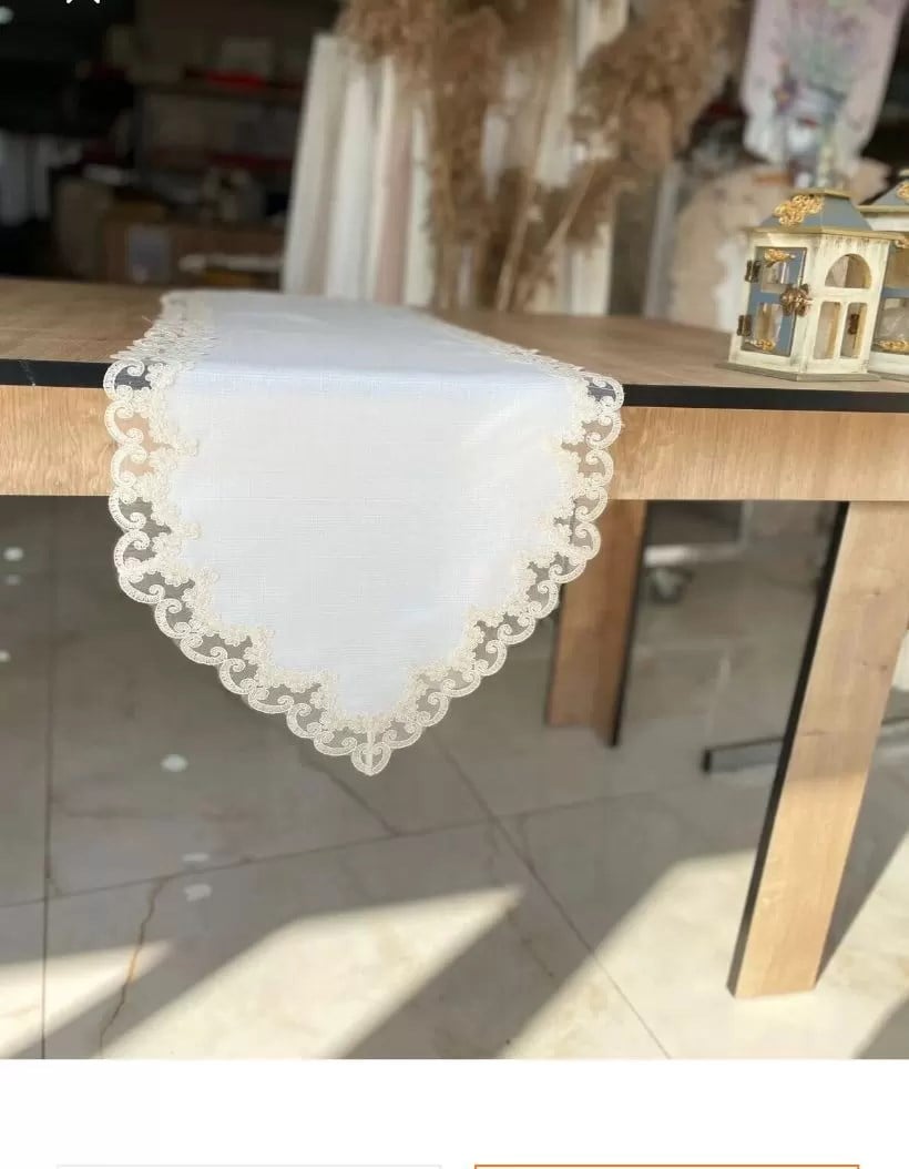 Masa Üzerine Runner, Sehpa Örtüsü Fransız Dantel Detaylı Lale 40 x 145 cm Krem