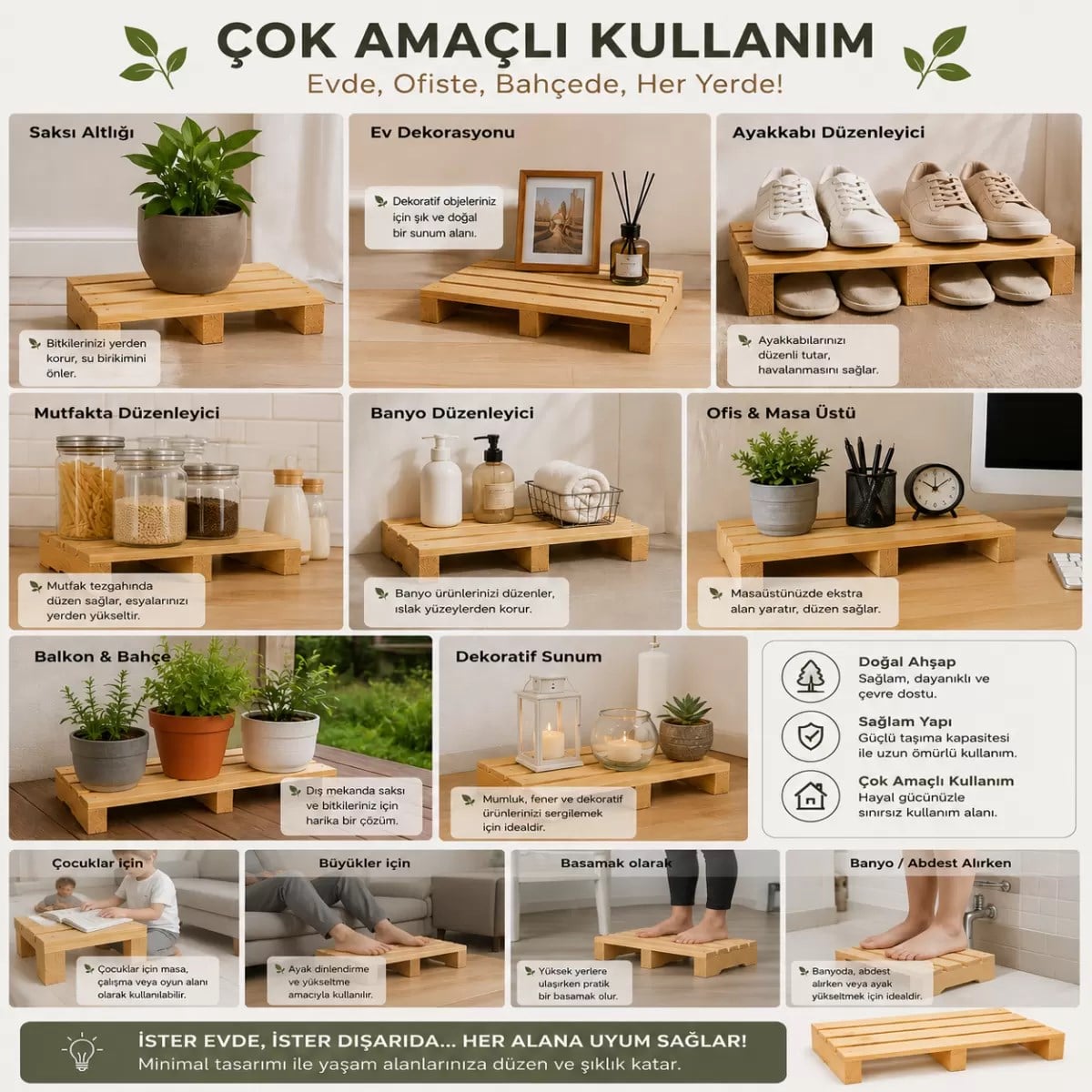 Masif Ahşap Çok Amaçlı Platform | Basamak, Saksılık, Ayakkabılık, Dekoratif Stand, Mutfak ve Banyo Düzenleyici