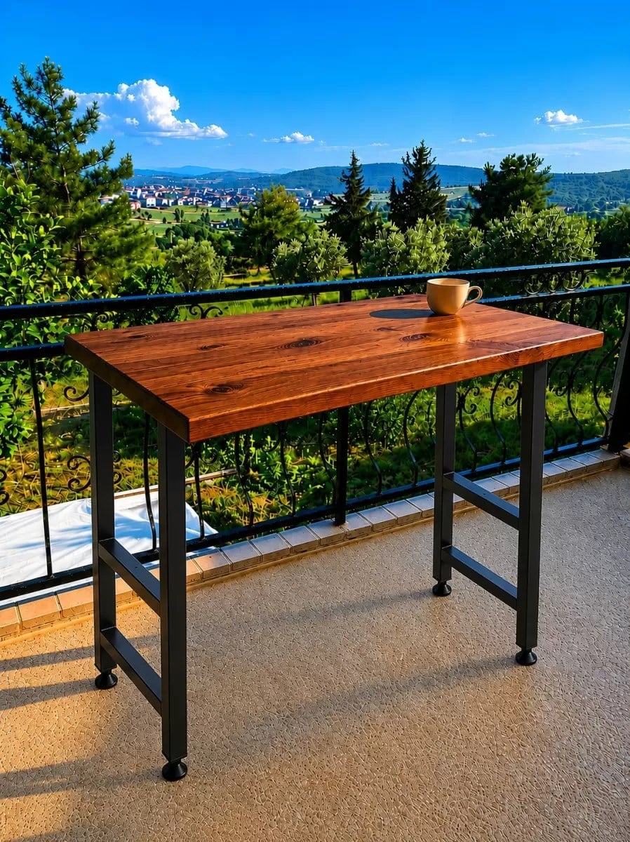Masif Bar Masası 85 cm Yüksek Metal Profil Ayaklı Mutfak Yemek Kafe Bistro Çalışma