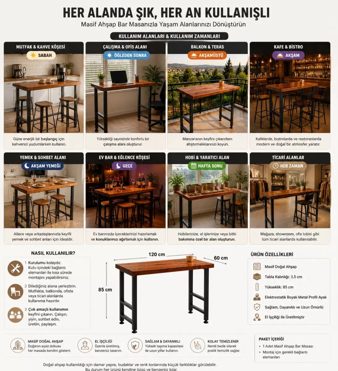 Masif Bar Masası 85 cm Yüksek Metal Profil Ayaklı Mutfak Yemek Kafe Bistro Çalışma 40x70