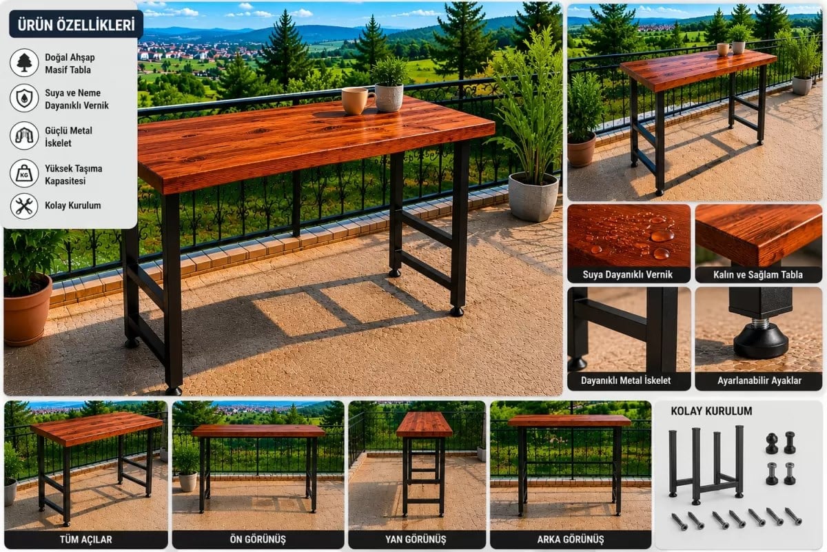 Masif Bar Masası 85 cm Yüksek Metal Profil Ayaklı Mutfak Yemek Kafe Bistro Çalışma 40x140